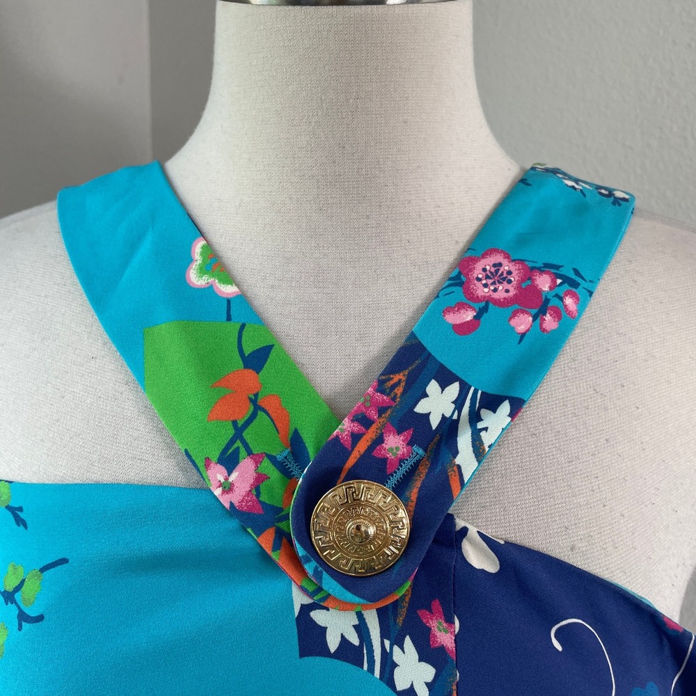 Versace H&M Womens 2 Blue Floral 100% Silk Mini Dress Pleated Gold Button - Picture 4 of 11